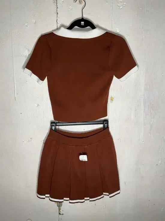 Daisy Two-Piece Knit Skirt Set Brown with White Contrast Trim and Gold Buttons - Picture 6 of 7